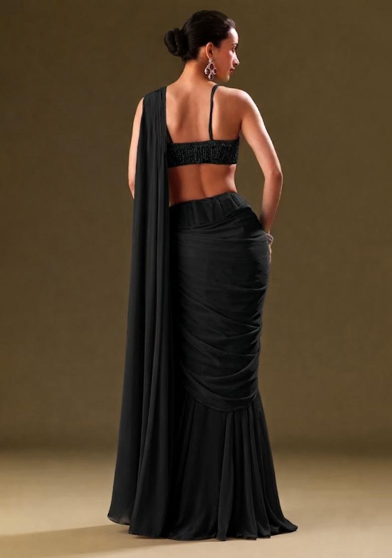 Jet Black Sequin Handwork Pre Draped Saree Set - Indya
