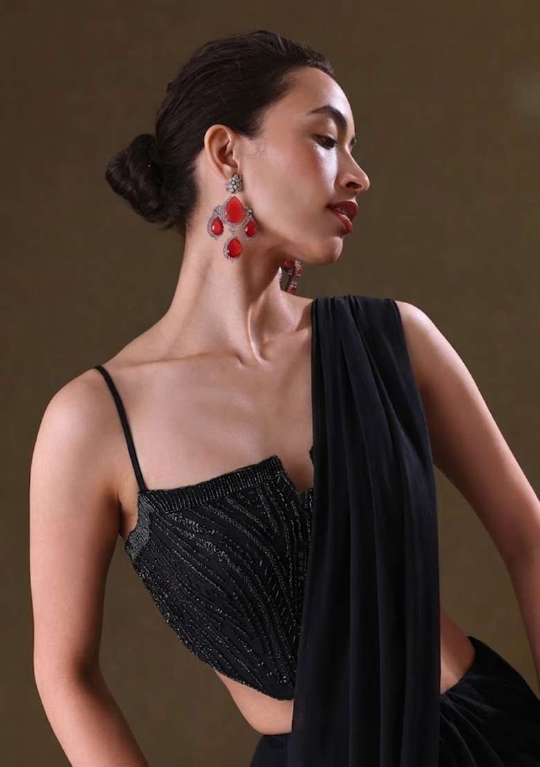 Jet Black Sequin Handwork Pre Draped Saree Set - Indya