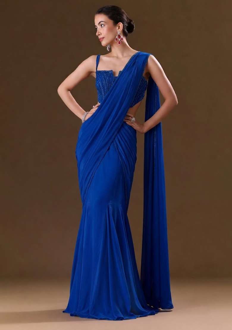 Blue Sequin Handwork Pre Draped Saree Set - Indya