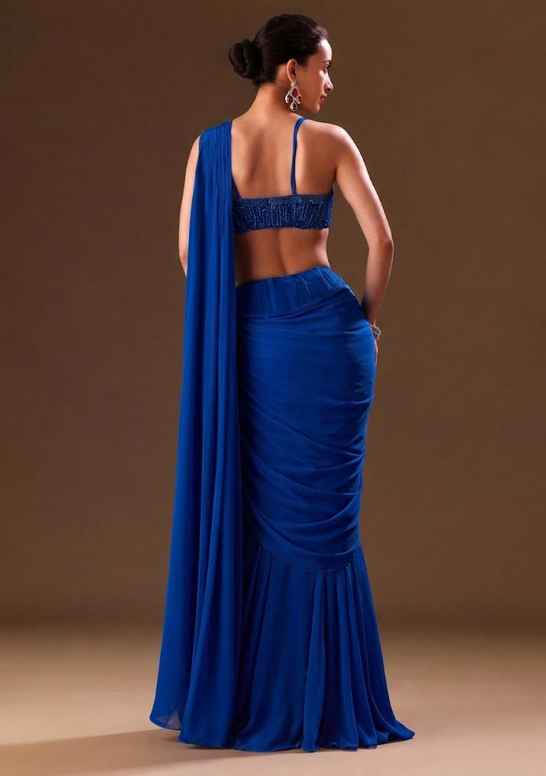Blue Sequin Handwork Pre Draped Saree Set - Indya