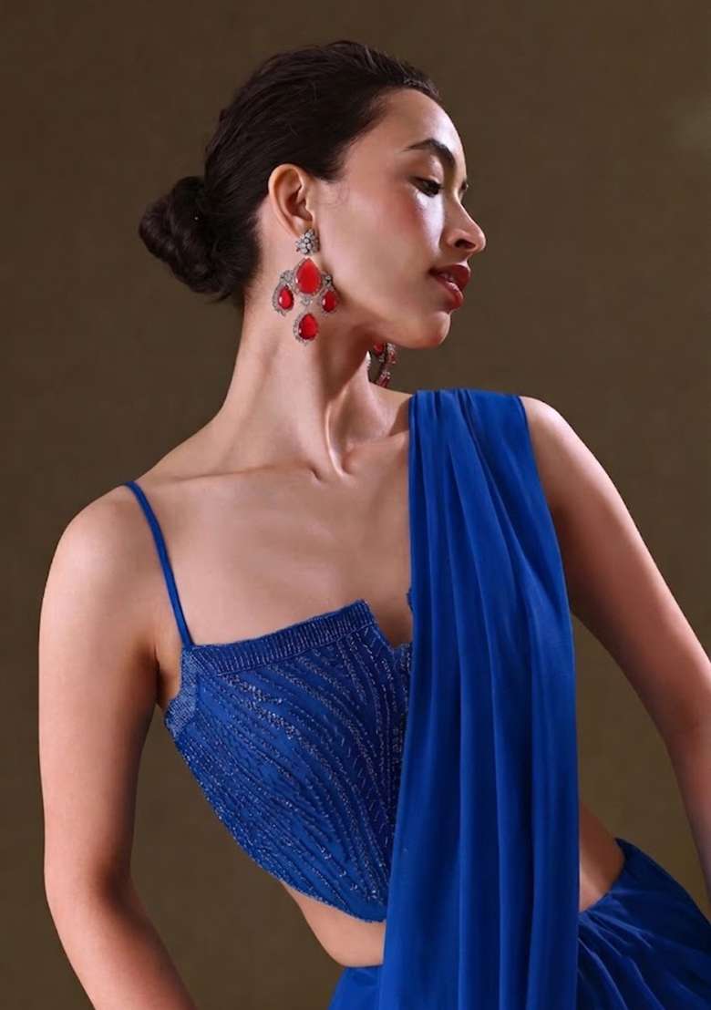 Blue Sequin Handwork Pre Draped Saree Set - Indya