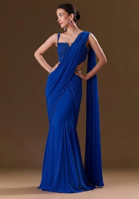 Blue Sequin Handwork  Pre Draped Saree Set