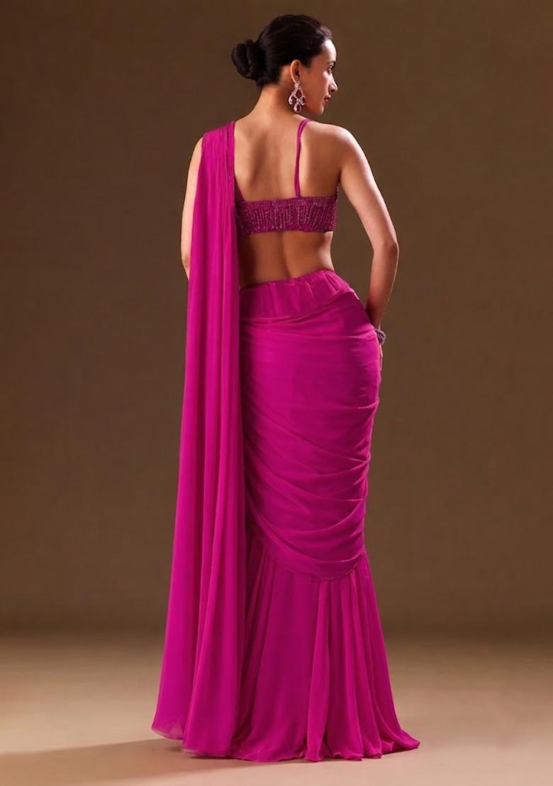 Pink Sequin Handwork  Pre Draped Saree Set - Indya