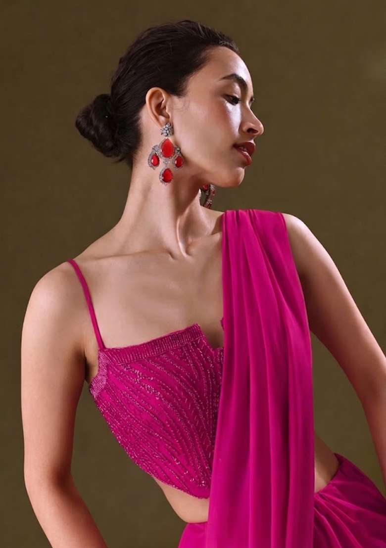 Pink Sequin Handwork Pre Draped Saree Set - Indya