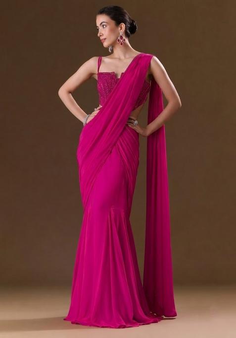 Pink Sequin Handwork  Pre Draped Saree Set