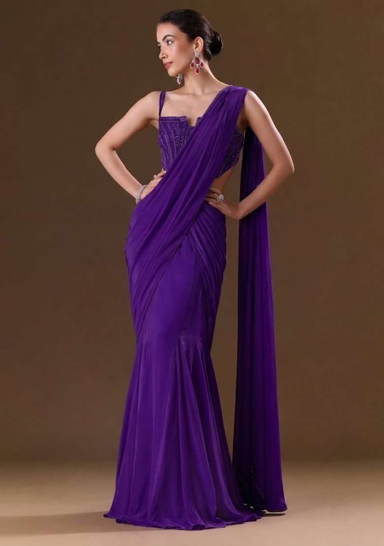 Purple Sequin Handwork Pre Draped Saree Set - Indya