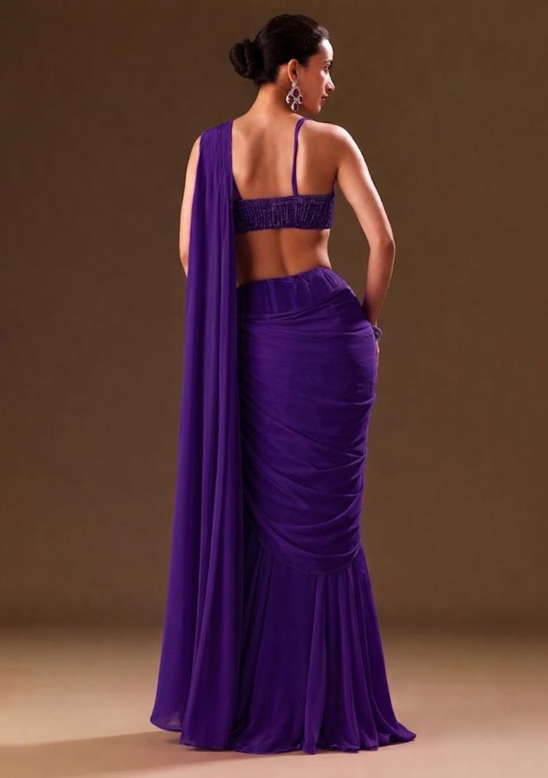 Purple Sequin Handwork Pre Draped Saree Set - Indya