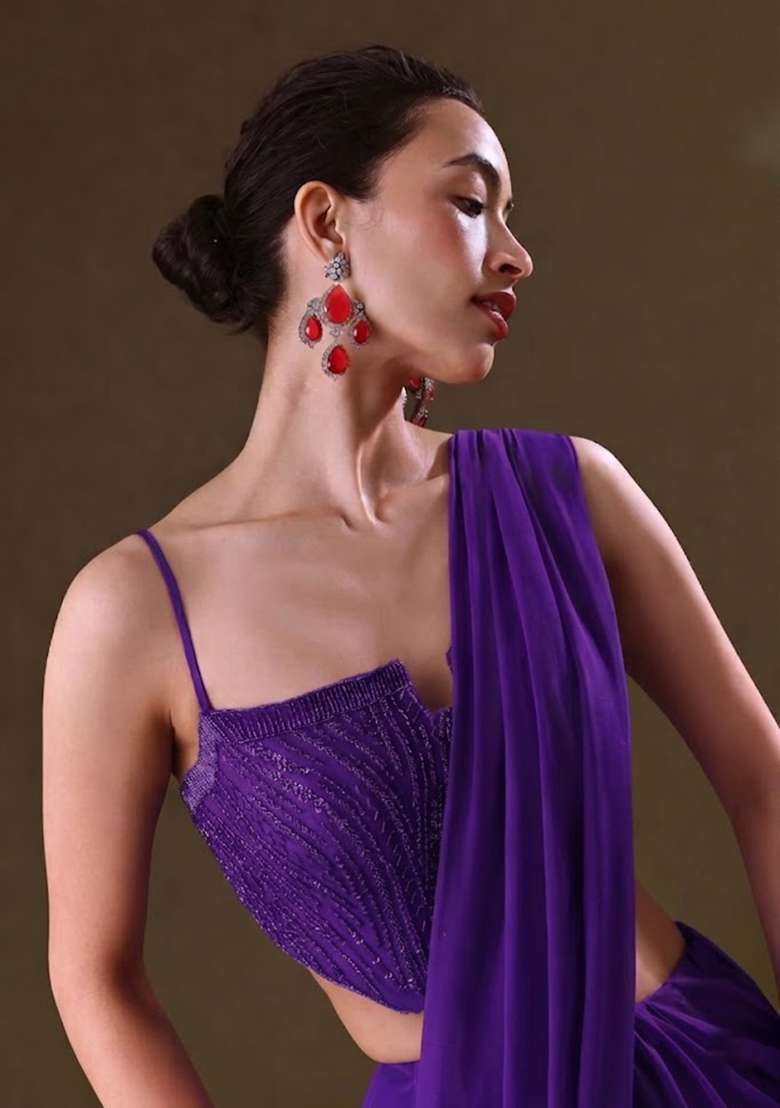Purple Sequin Handwork Pre Draped Saree Set - Indya