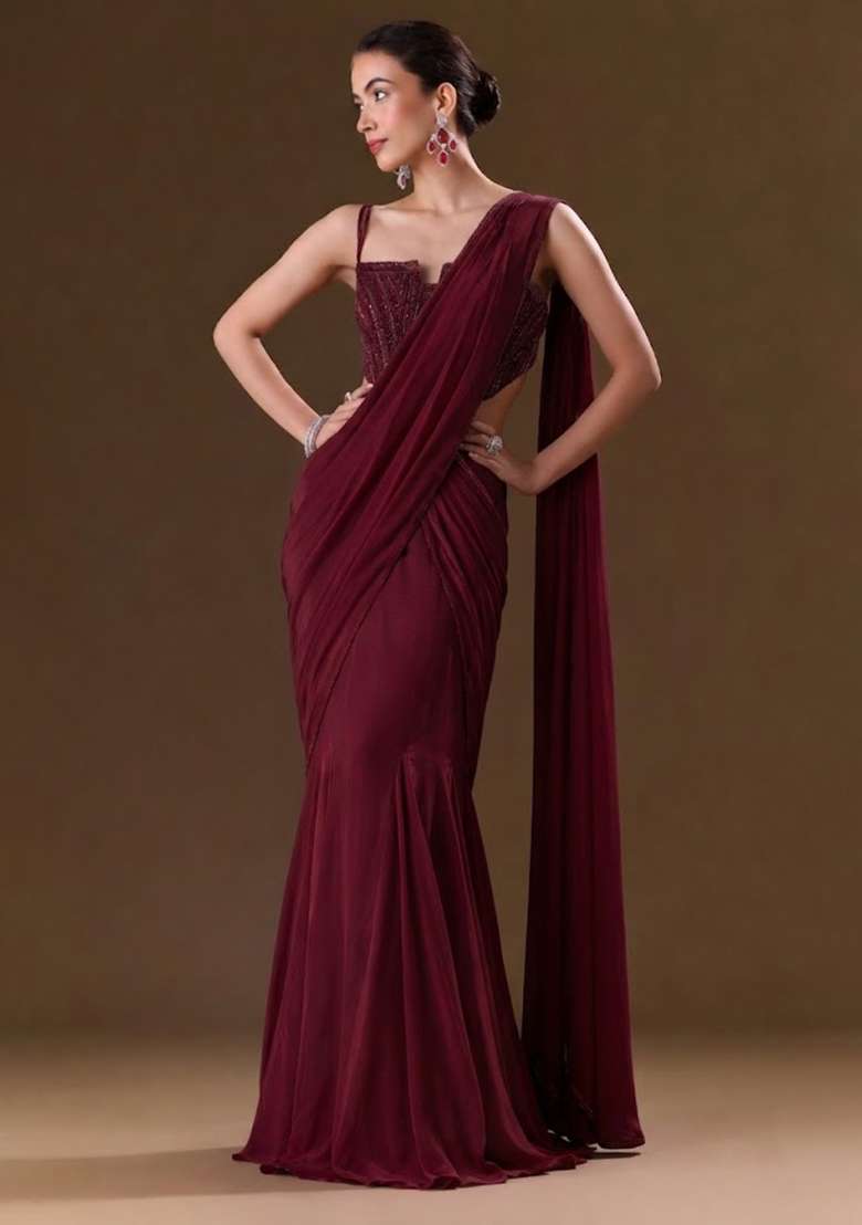 Wine Sequin Handwork Pre Draped Saree Set - Indya