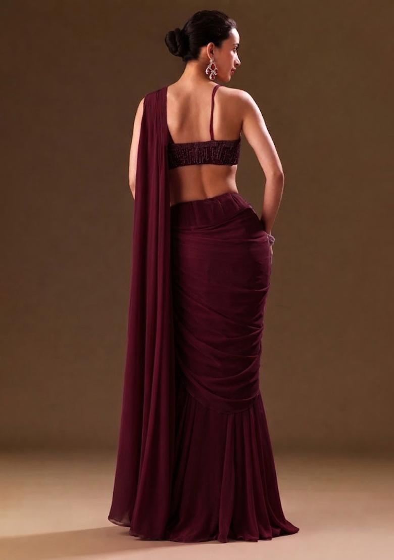 Wine Sequin Handwork Pre Draped Saree Set - Indya