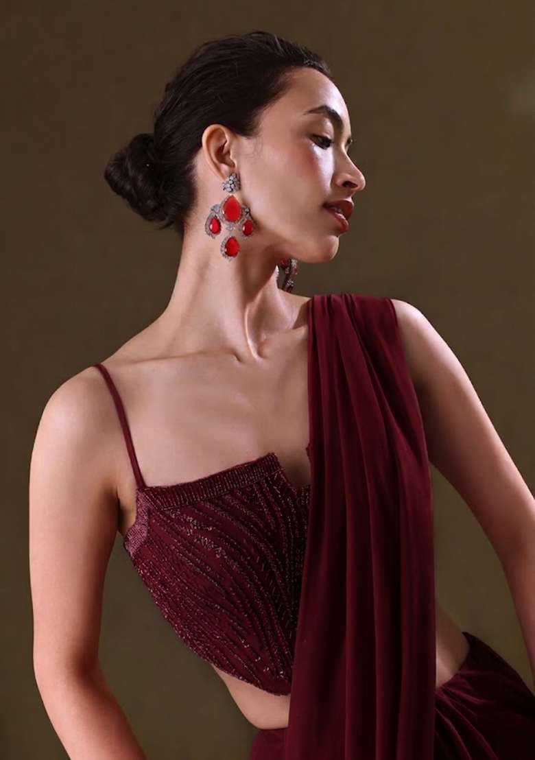 Wine Sequin Handwork Pre Draped Saree Set - Indya