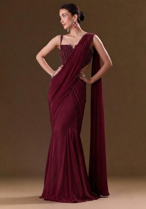 Wine Sequin Handwork  Pre Draped Saree Set