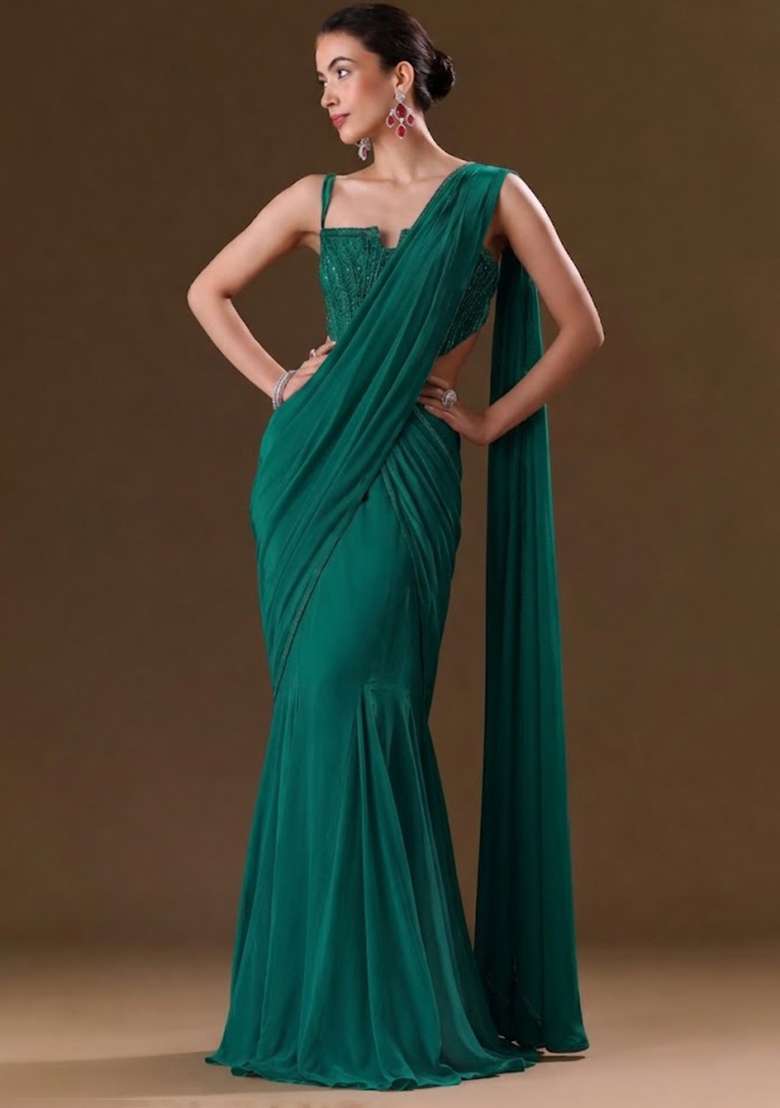 Teal Sequin Handwork Pre Draped Saree Set - Indya