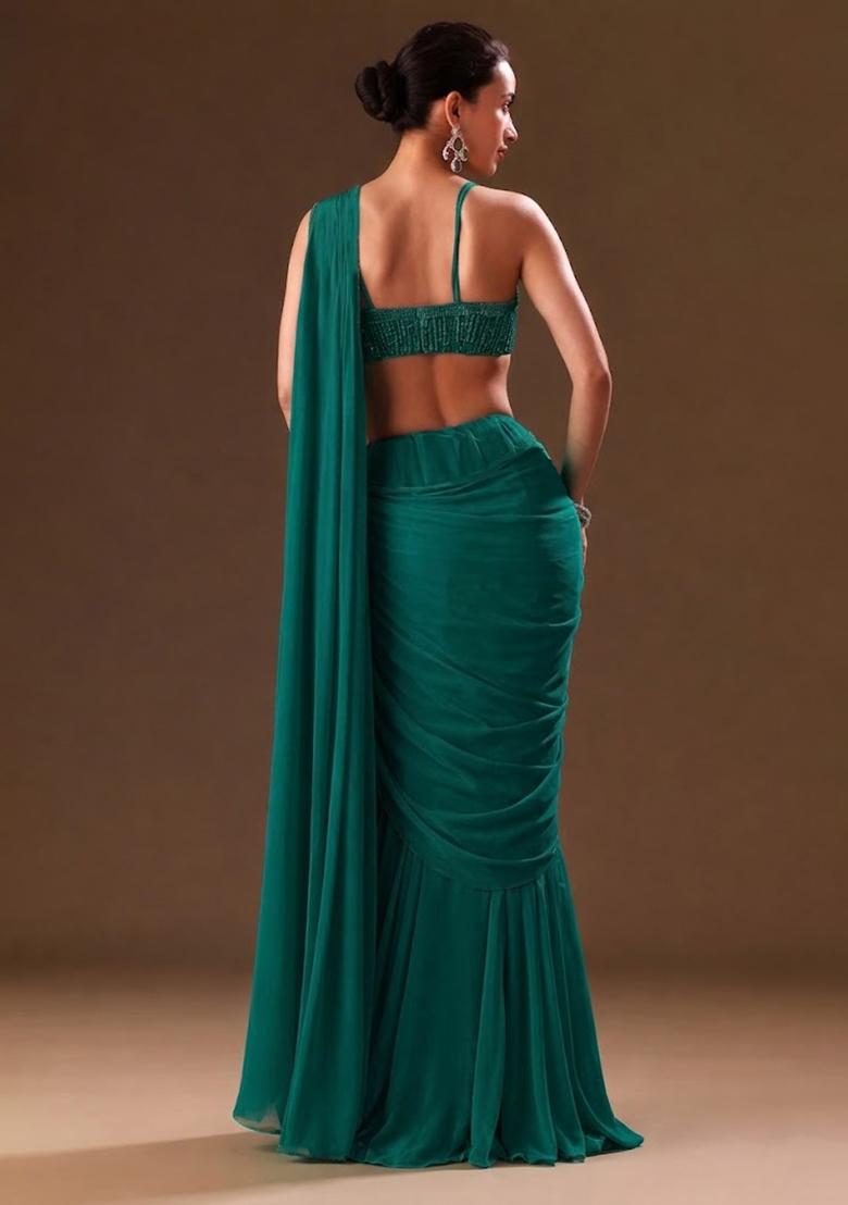 Teal Sequin Handwork  Pre Draped Saree Set - Indya