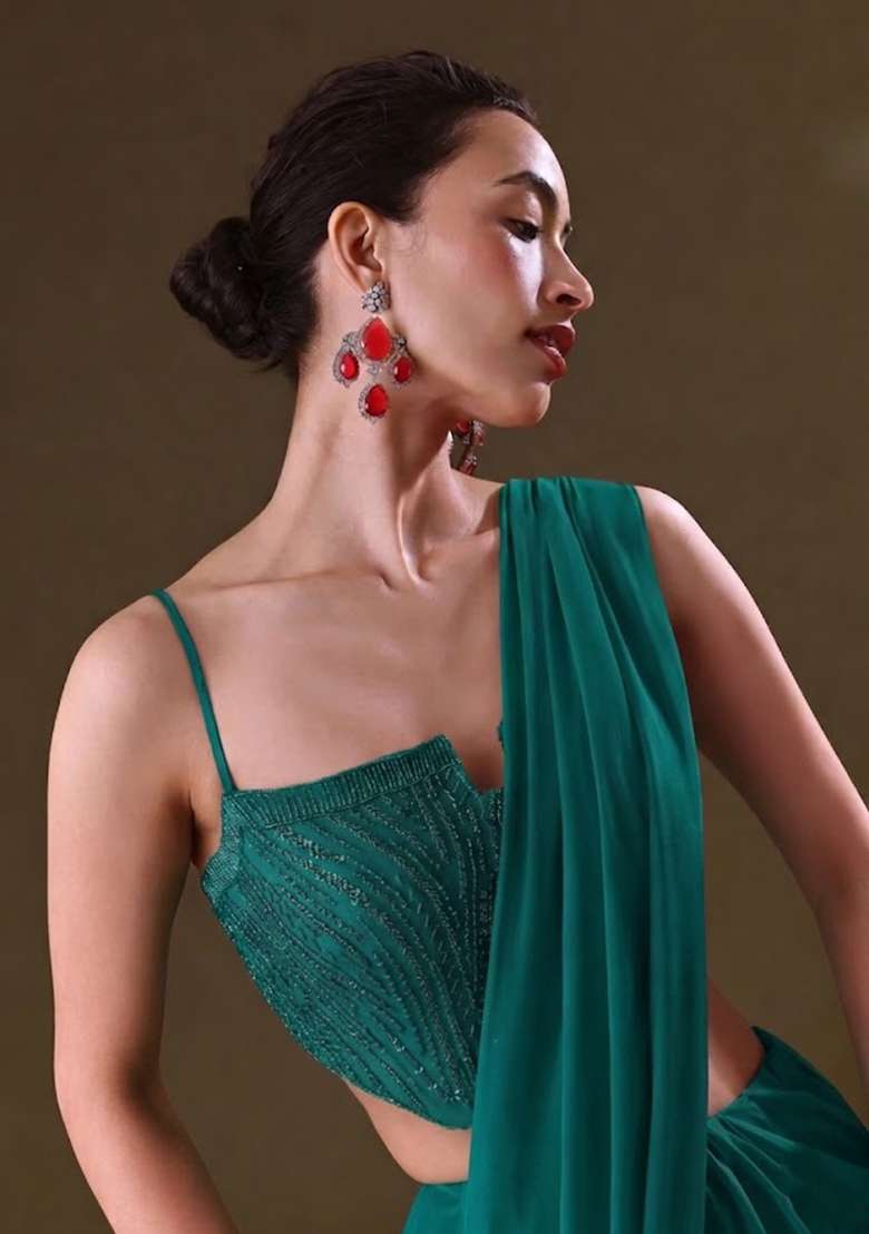 Teal Sequin Handwork Pre Draped Saree Set - Indya