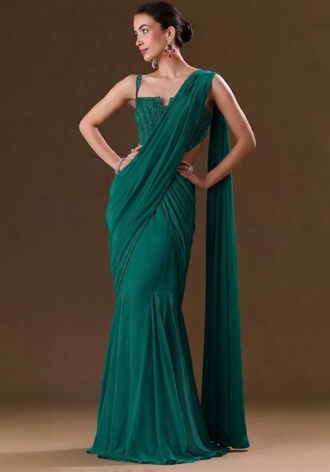 Teal Sequin Handwork  Pre Draped Saree Set