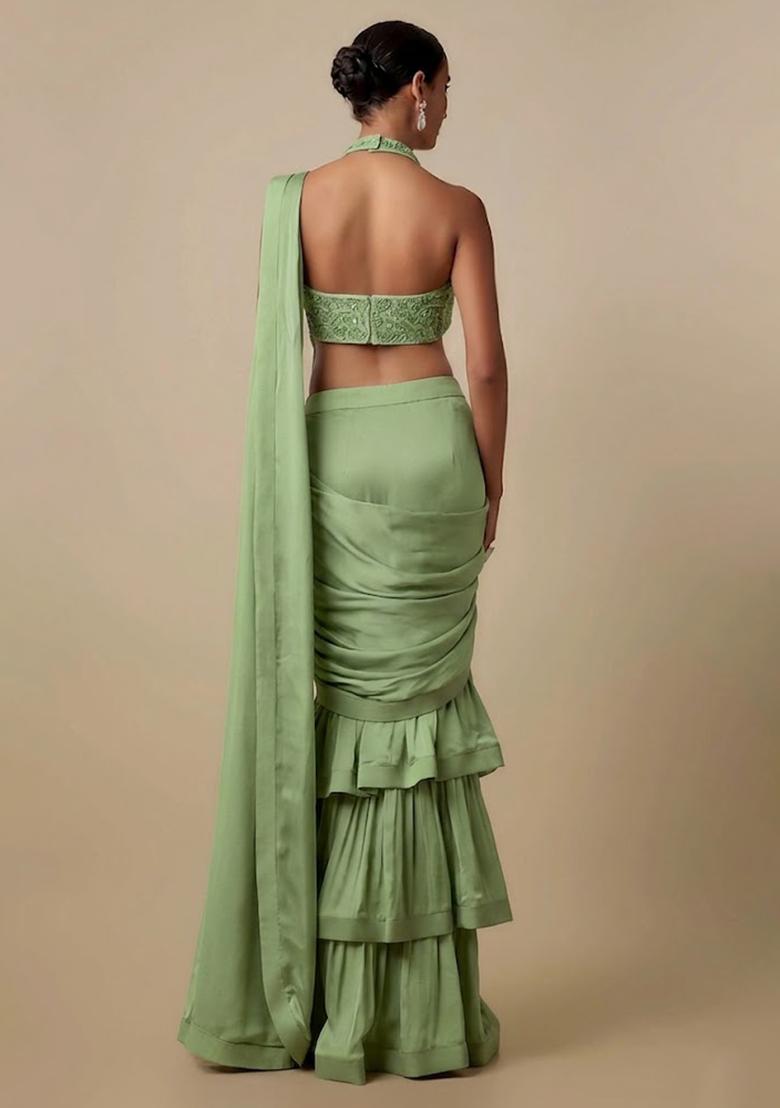 Pastel Green Embellished Handwork  Pre Draped Saree Set - Indya