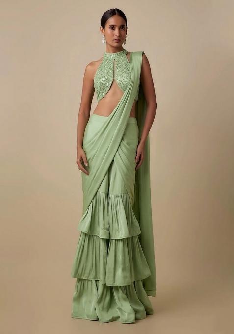 Pastel Green Embellished Handwork  Pre Draped Saree Set