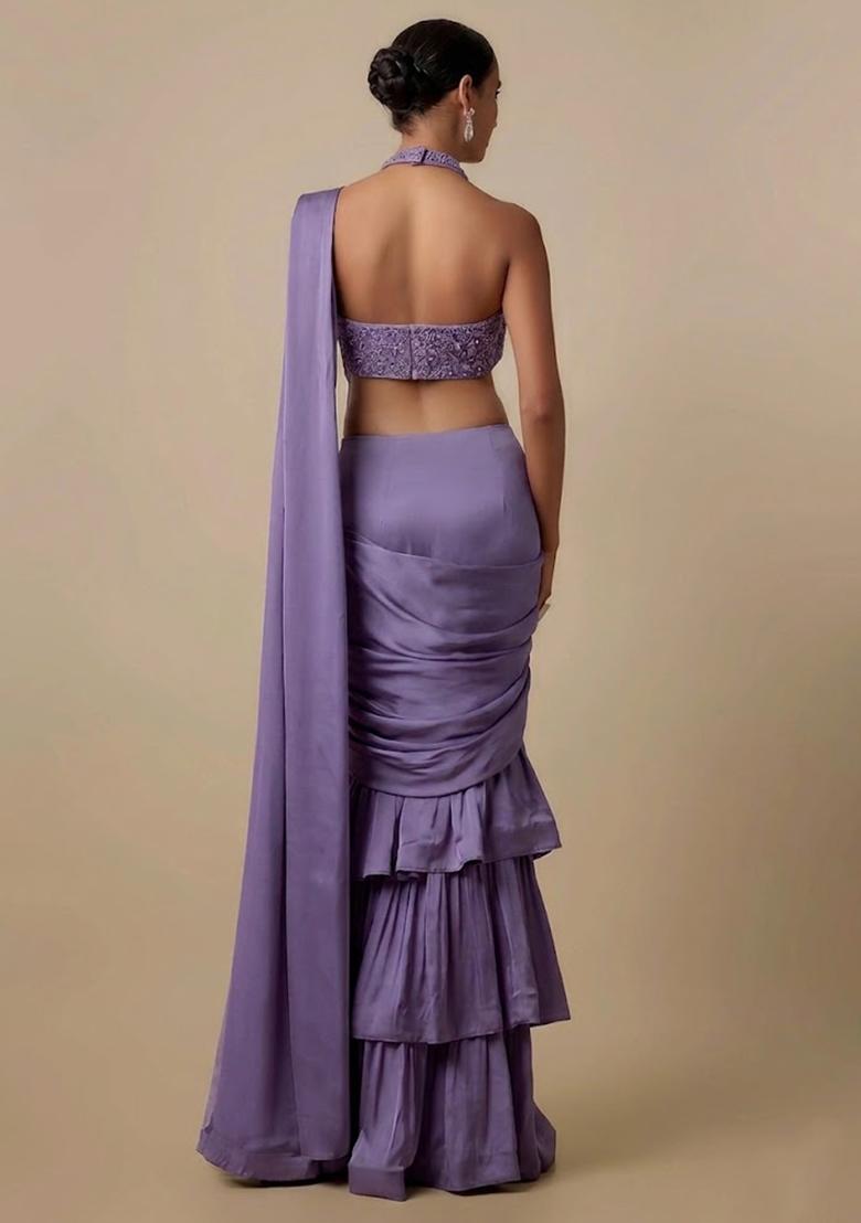 Lavendar Embellished Handwork Pre Draped Saree Set - Indya