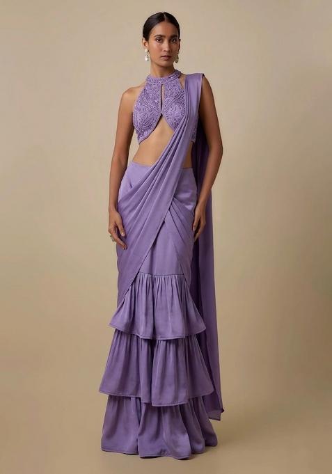 Lavendar Embellished Handwork  Pre Draped Saree Set