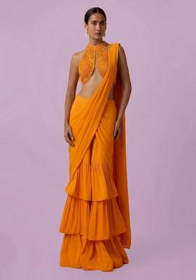 Orange Embellished Handwork  Pre Draped Saree Set