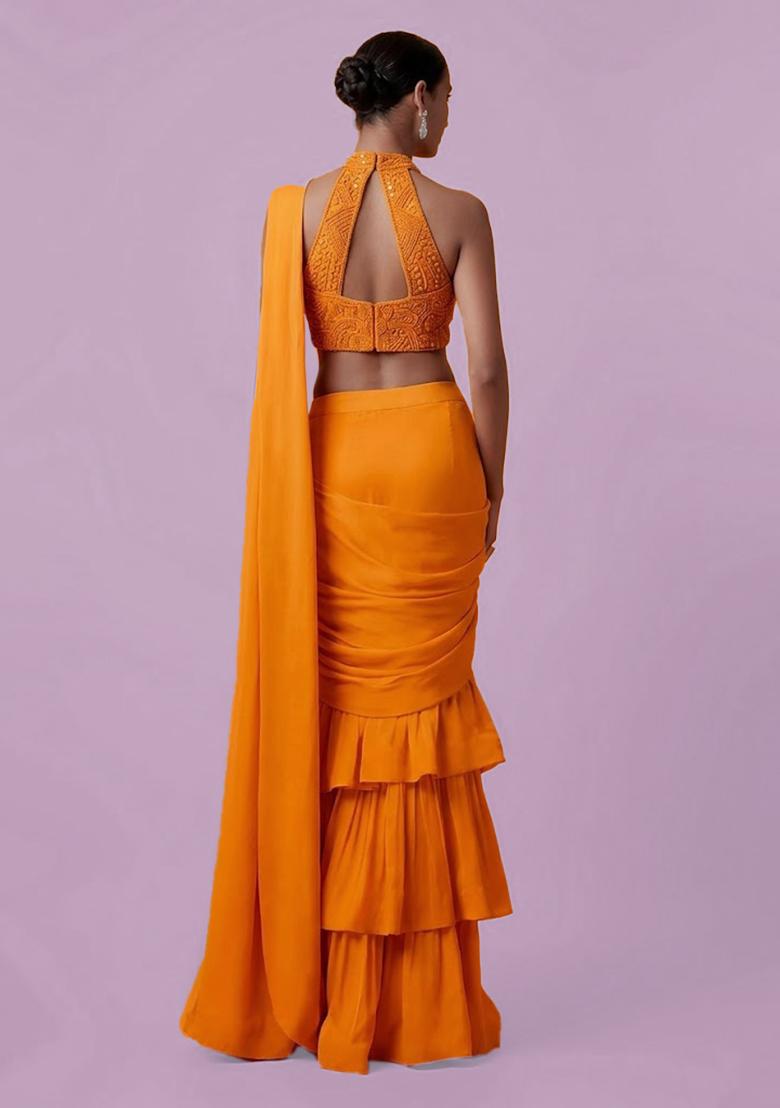 Orange Embellished Handwork  Pre Draped Saree Set - Indya