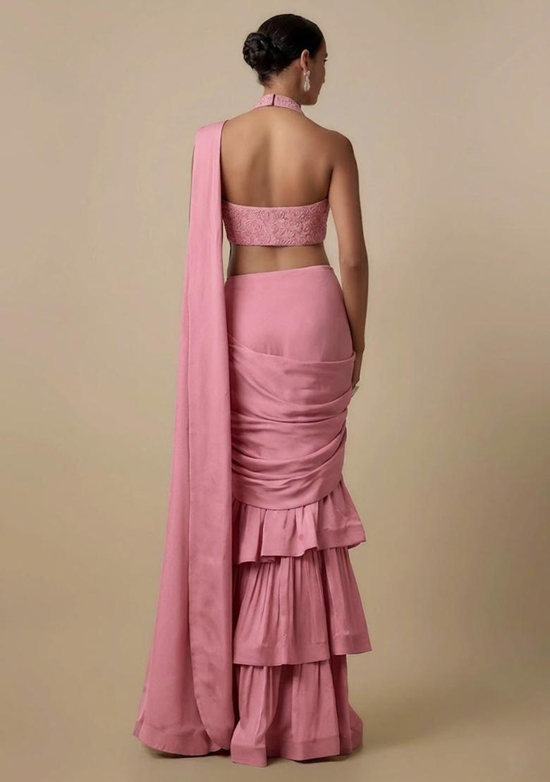 Light Pink Embellished Handwork Pre Draped Saree Set - Indya