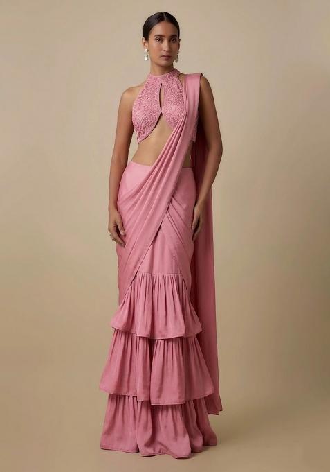 Light Pink Embellished Handwork  Pre Draped Saree Set