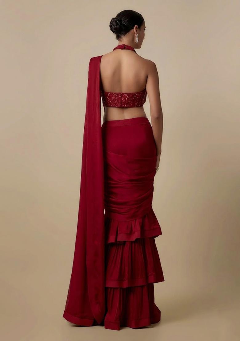 Red Embellished Handwork Pre Draped Saree Set - Indya