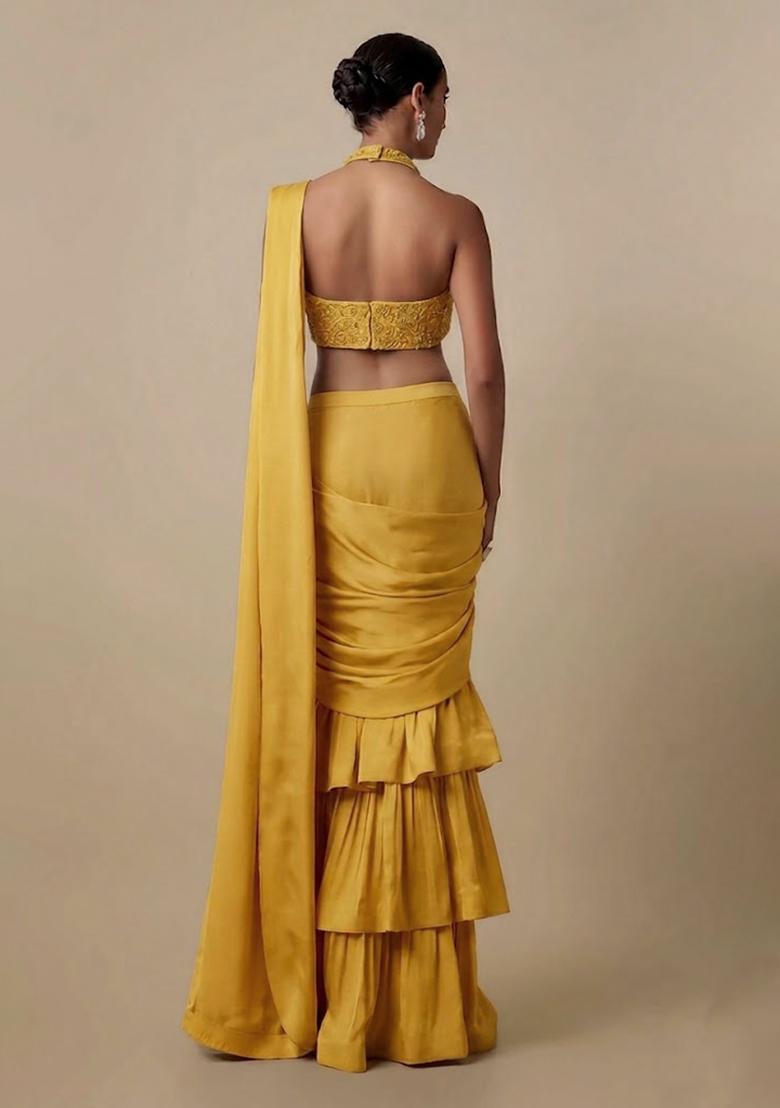 Yellow Embellished Handwork Pre Draped Saree Set - Indya