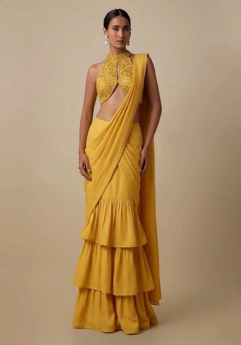 Yellow Embellished Handwork  Pre Draped Saree Set