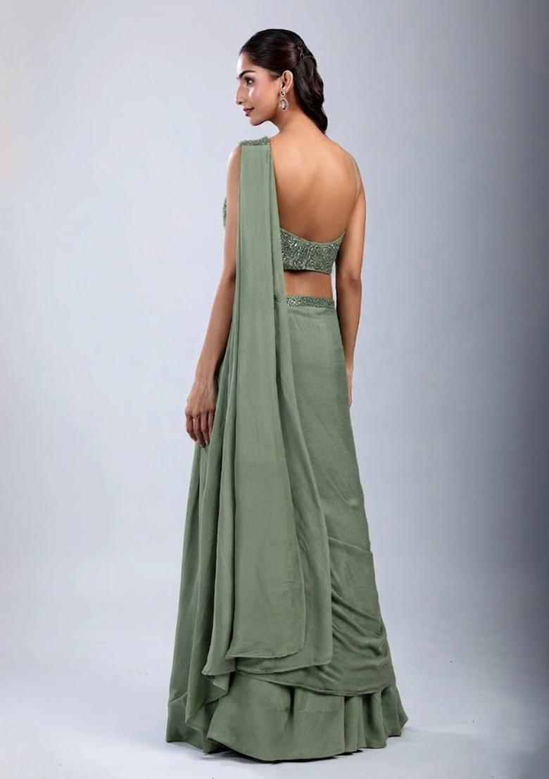 Sage Green Embellished Handwork Fusion Set - Indya