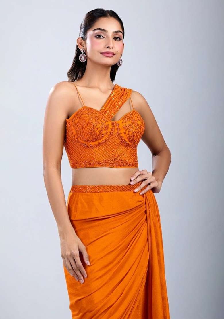 Orange Embellished Handwork Fusion Set - Indya