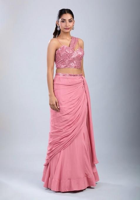 Rose Pink Embellished Handwork  Fusion Set