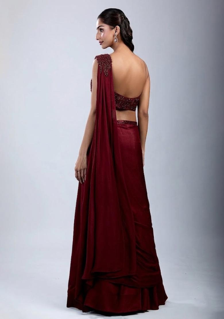 Maroon Embellished Handwork Fusion Set - Indya