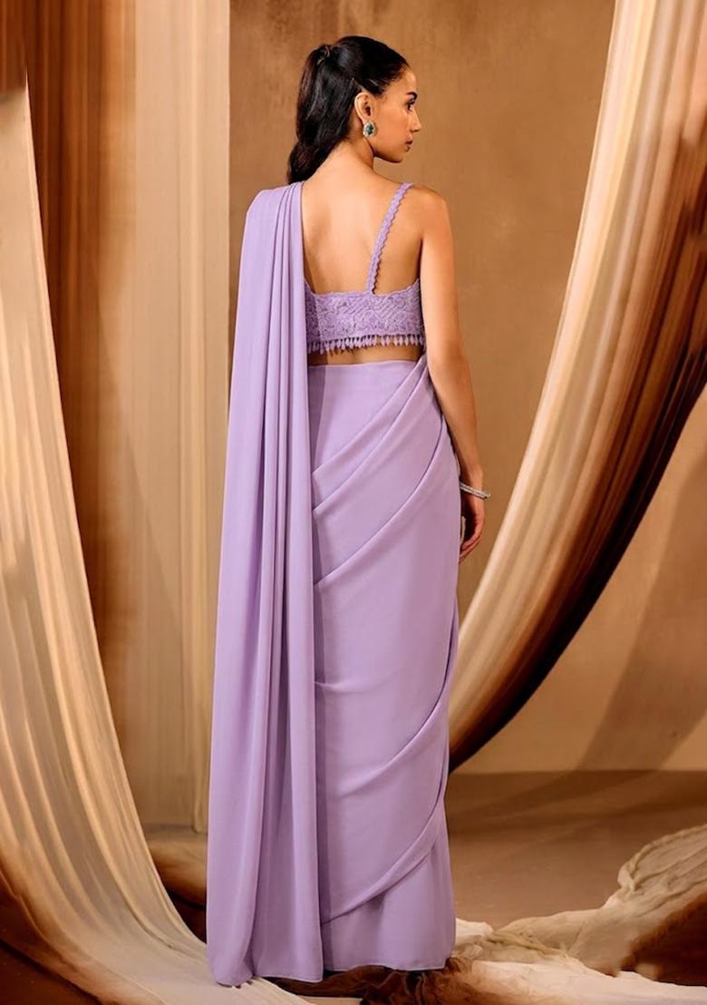 Lavendar Embroidered Handwork Pre Draped Saree Set - Indya