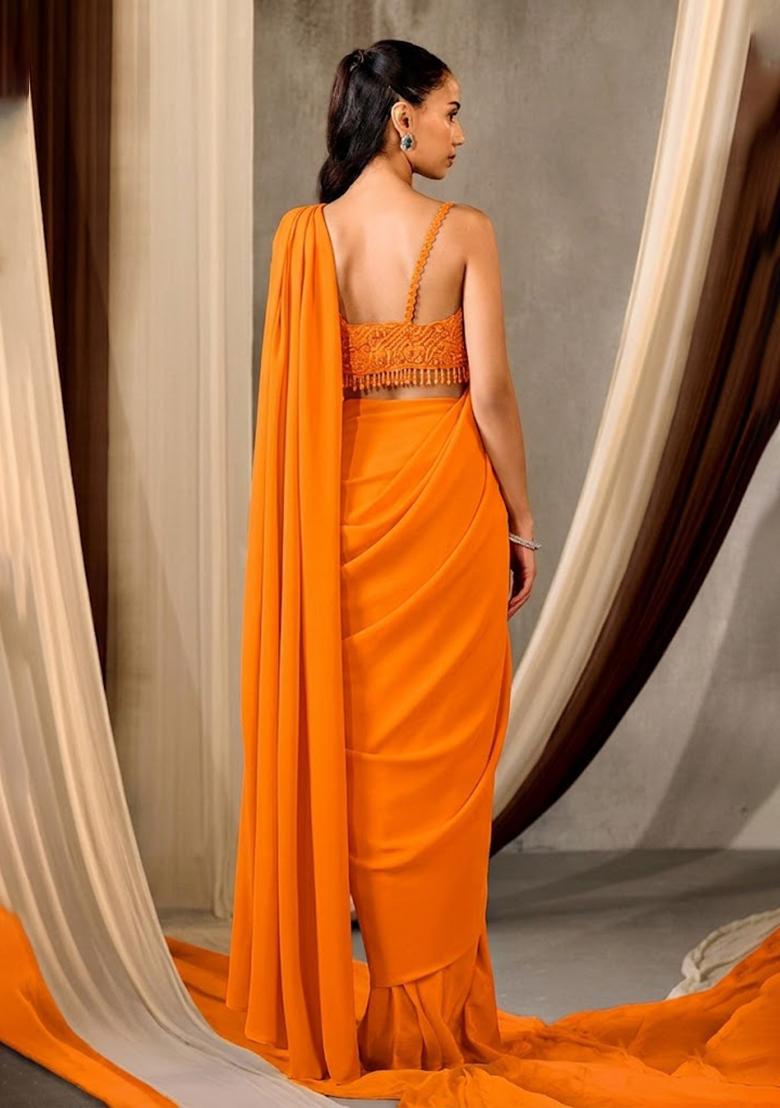 Orange Embroidered Handwork  Pre Draped Saree Set - Indya