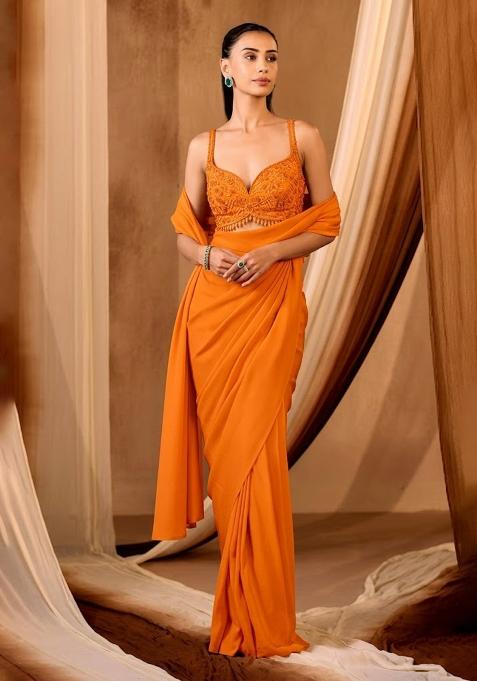 Orange Embroidered Handwork  Pre Draped Saree Set
