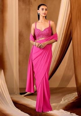 Hot Pink Embroidered Handwork  Pre Draped Saree Set