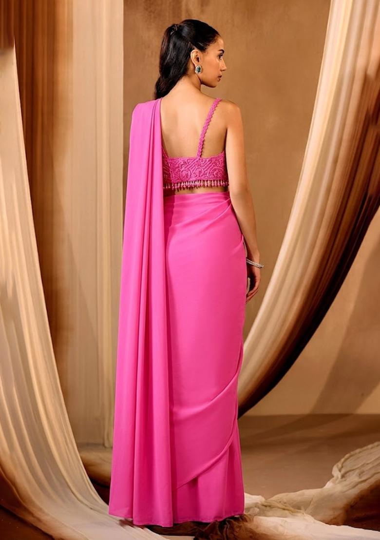 Hot Pink Embroidered Handwork Pre Draped Saree Set - Indya