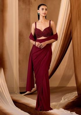 Red Embroidered Handwork  Pre Draped Saree Set