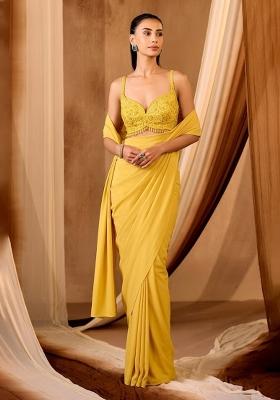 Yellow Embroidered Handwork  Pre Draped Saree Set