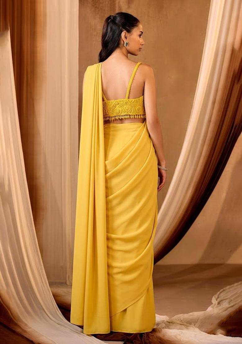 Yellow Embroidered Handwork Pre Draped Saree Set - Indya