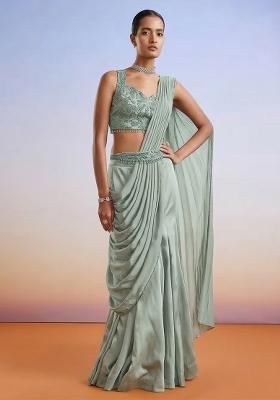 Sage Green Embroidered Handwork  Pre Draped Saree Set
