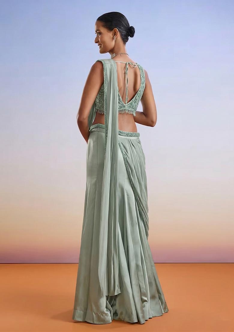 Sage Green Embroidered Handwork Pre Draped Saree Set - Indya