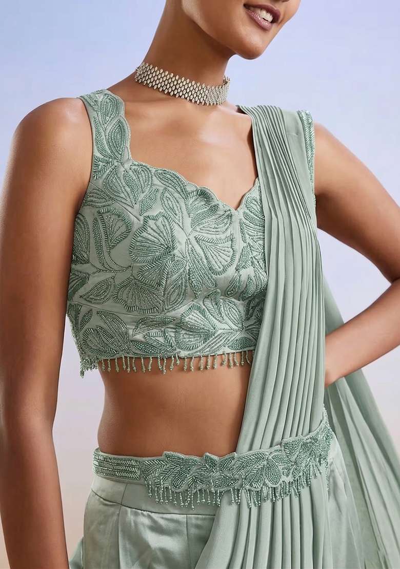 Sage Green Embroidered Handwork Pre Draped Saree Set - Indya