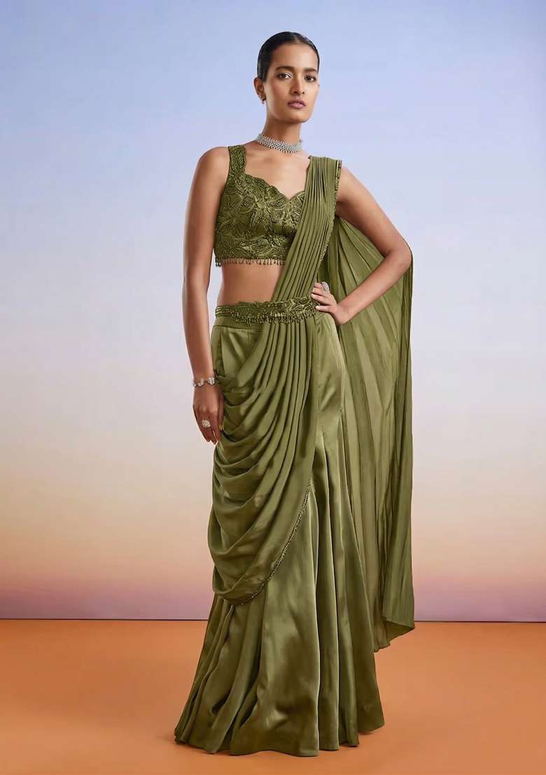 Olive Green Embroidered Handwork Pre Draped Saree Set - Indya