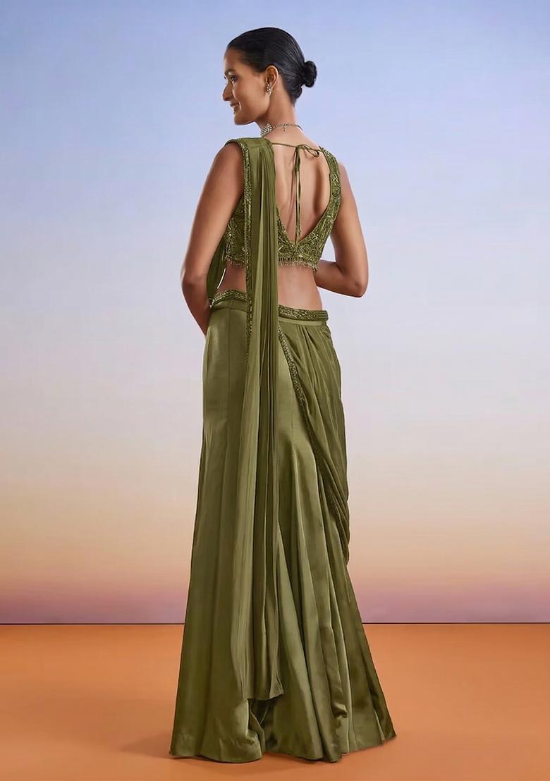 Olive Green Embroidered Handwork  Pre Draped Saree Set - Indya