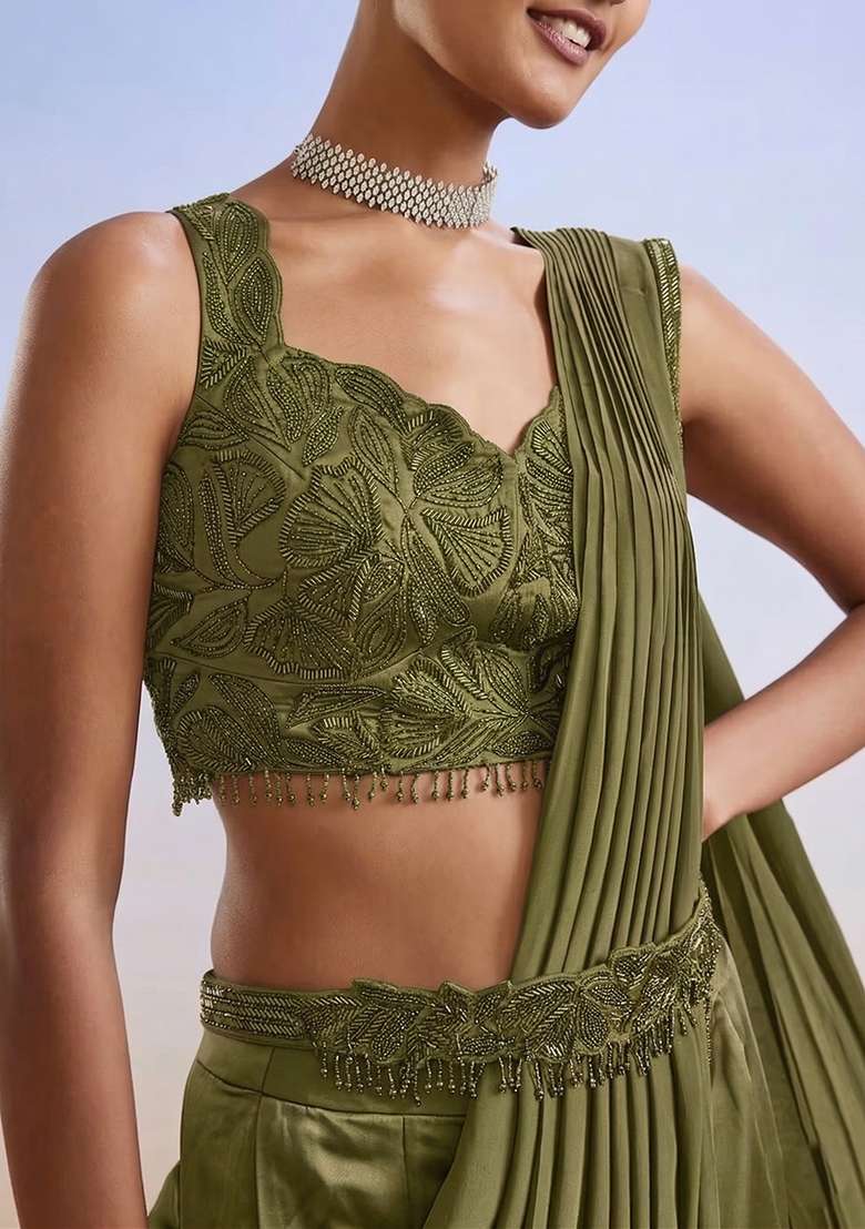 Olive Green Embroidered Handwork Pre Draped Saree Set - Indya