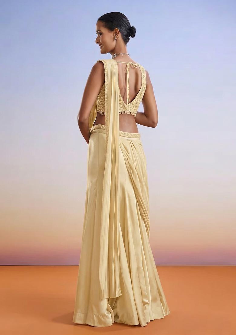 Cream Embroidered Handwork Pre Draped Saree Set - Indya